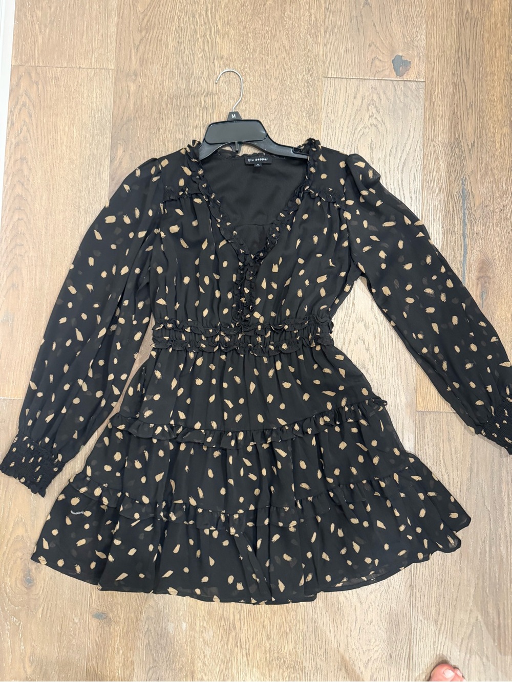 Blu Pepper Black Dress with Tan Spot Print and Ruffle Tiers size S